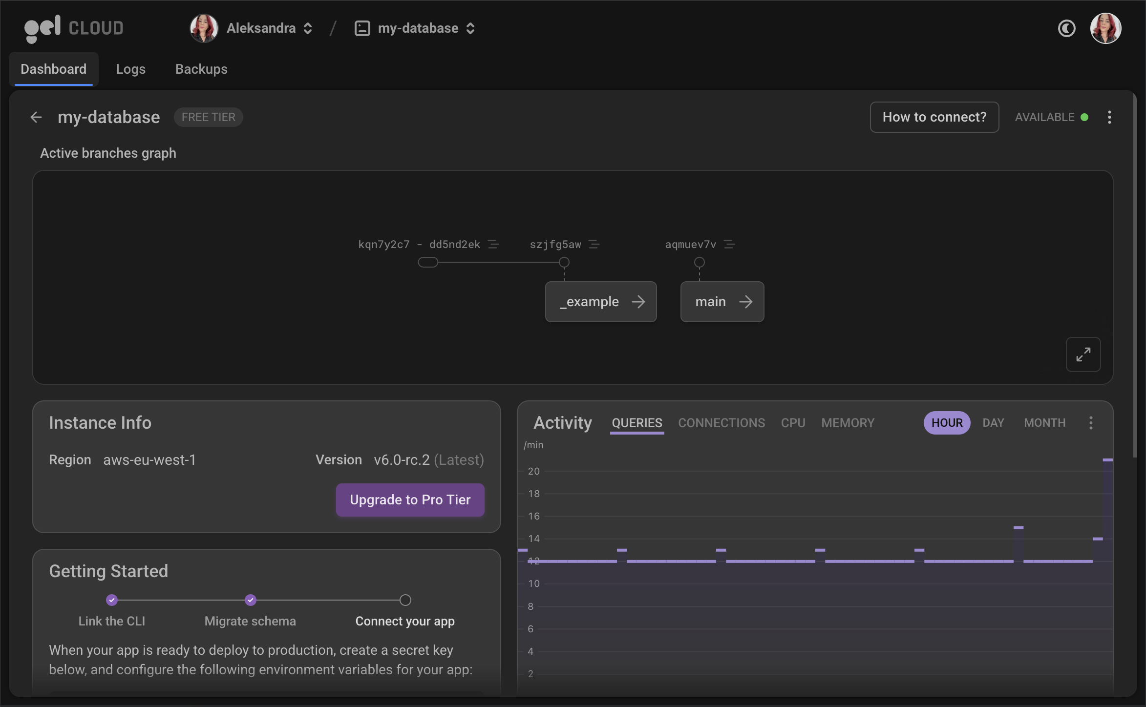 Screenshot of cloud instance dashboard.