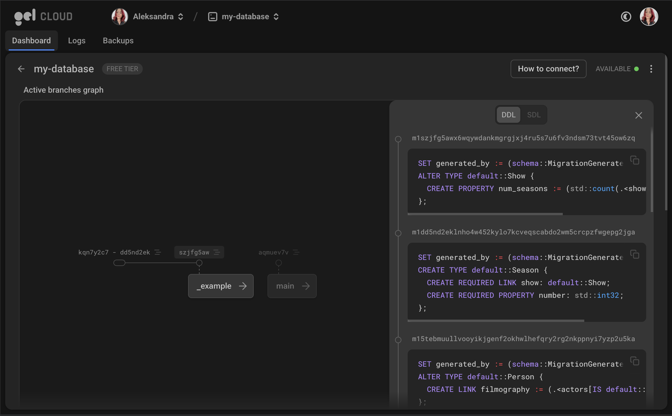 Screenshot of instance branch graph showing migration history for a branch.