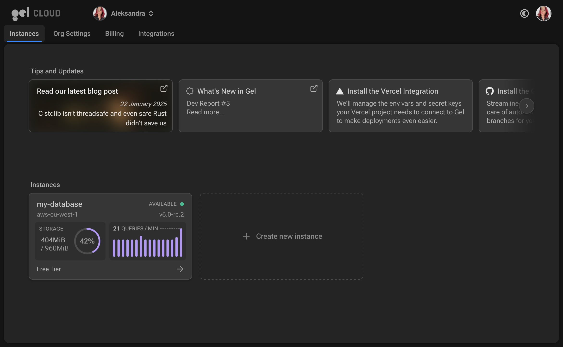 Screenshot of cloud org dashboard, showing list of instances.