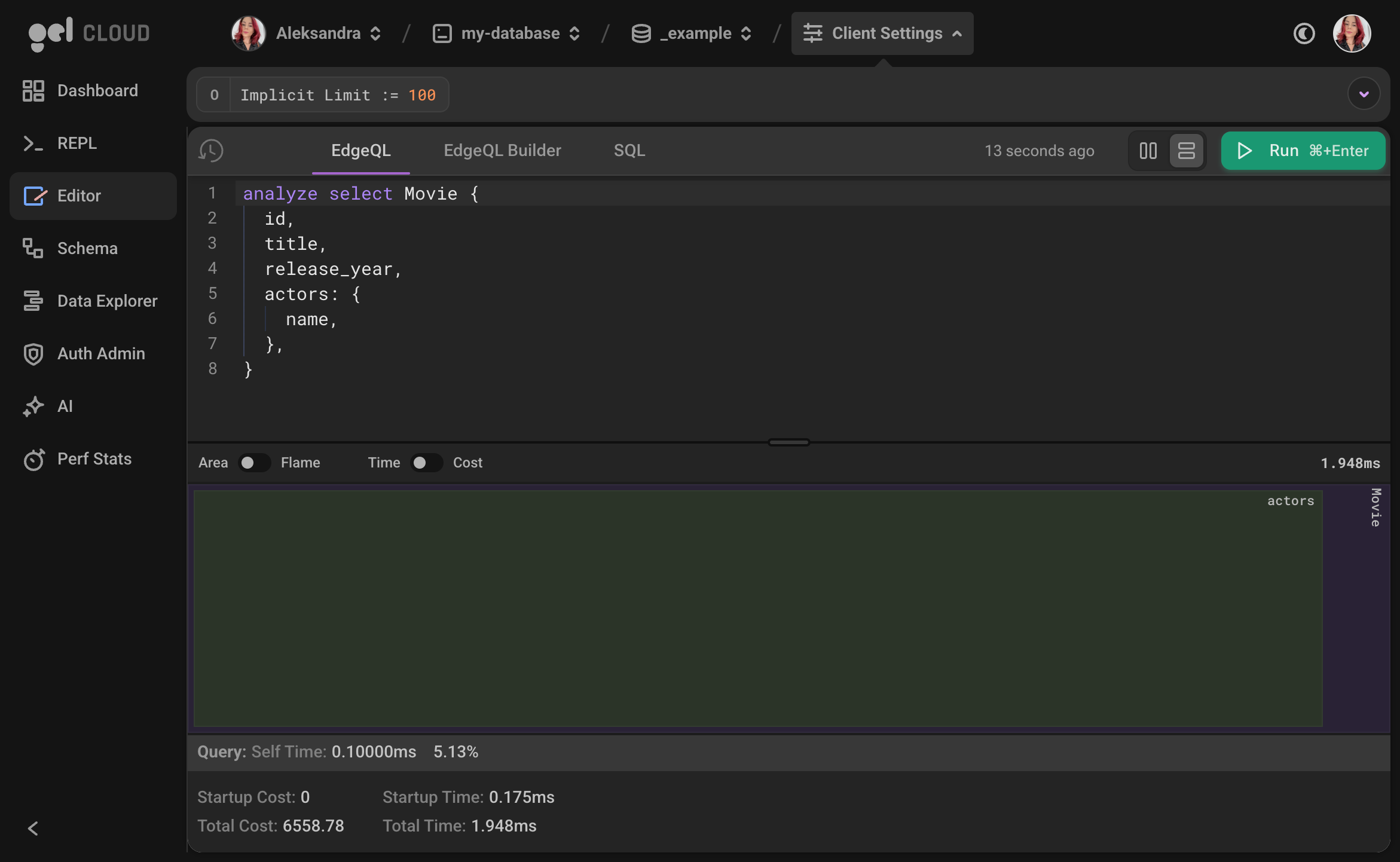 Screenshot of query editor for an analyse query, showing visual analyse output.