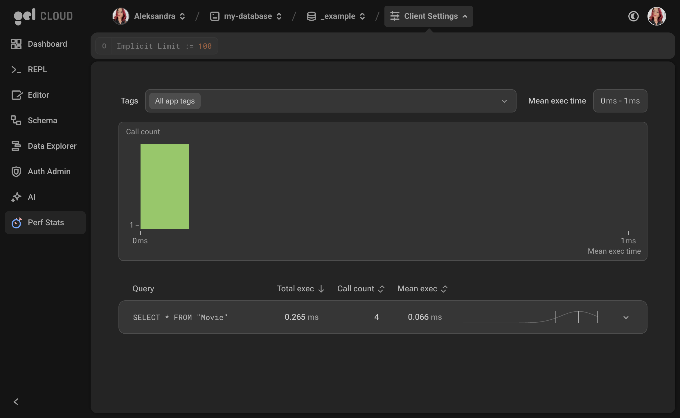 Screenshot of query performance statistics UI, showing query execution time histogram.